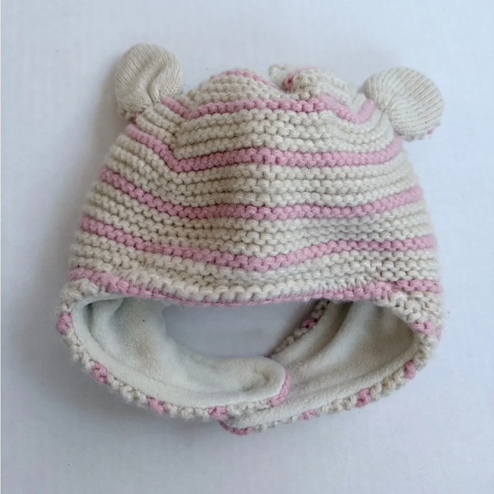 Baby Boden Striped Knit Hat with Bear Ears Pink Cream Baby Girl 12m